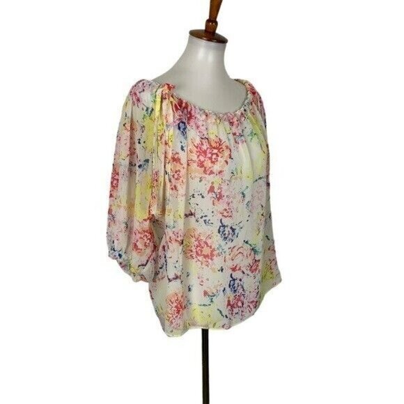 Cabi Watercolor Floral Print Off Shoulder Blouse Medium Boho Spring Summer Top - Picture 2 of 5